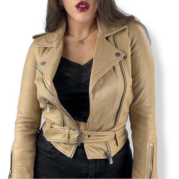 L.P.C Linea Pelle Collection tan lamb leather motorcycle jacket fitted - Picture 13 of 16